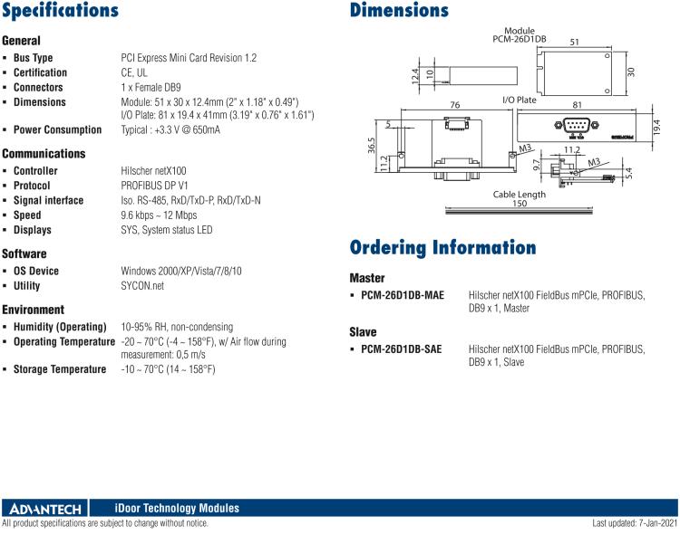 研華PCM-26D1DB 1端口 Hilscher netX100 現(xiàn)場總線 mPCIe，PROFIBUS，DB9