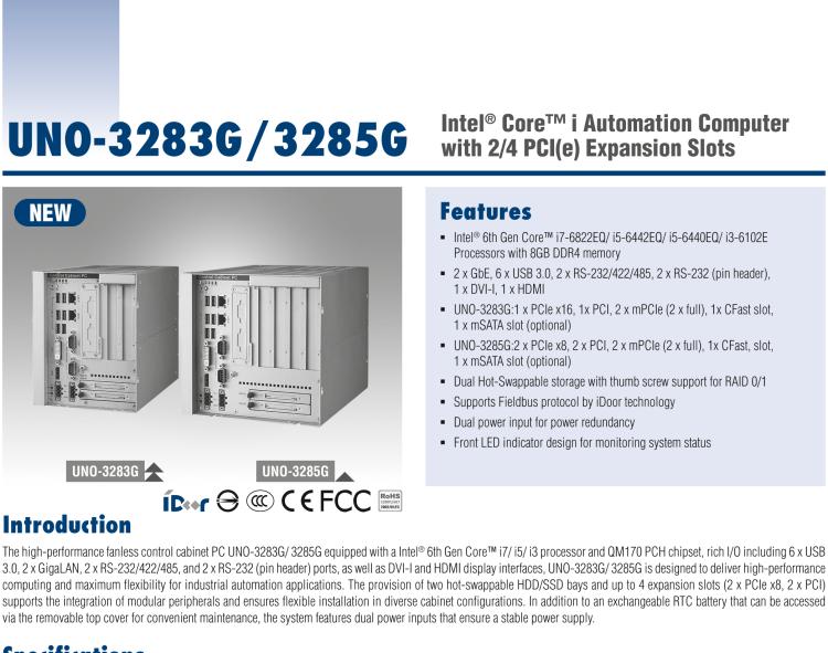 研華UNO-3285G 高效能嵌入式無風(fēng)扇工業(yè)電腦，搭配Intel? Core? i 處理器，4×PCI(e) 擴展槽, 2×GbE, 2×mPCIe, HDMI, DVI-I