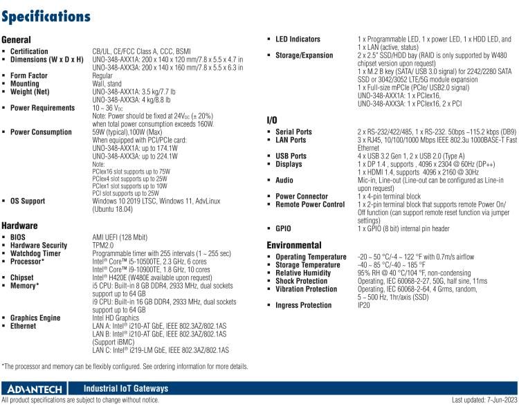 研華UNO-348 緊湊型嵌入式邊緣控制器，搭載第10代英特爾CPU，支持最多3個PCIe/PCI插槽，1個M.2 B鍵，1個mPCIe和2個2.5英寸SSD