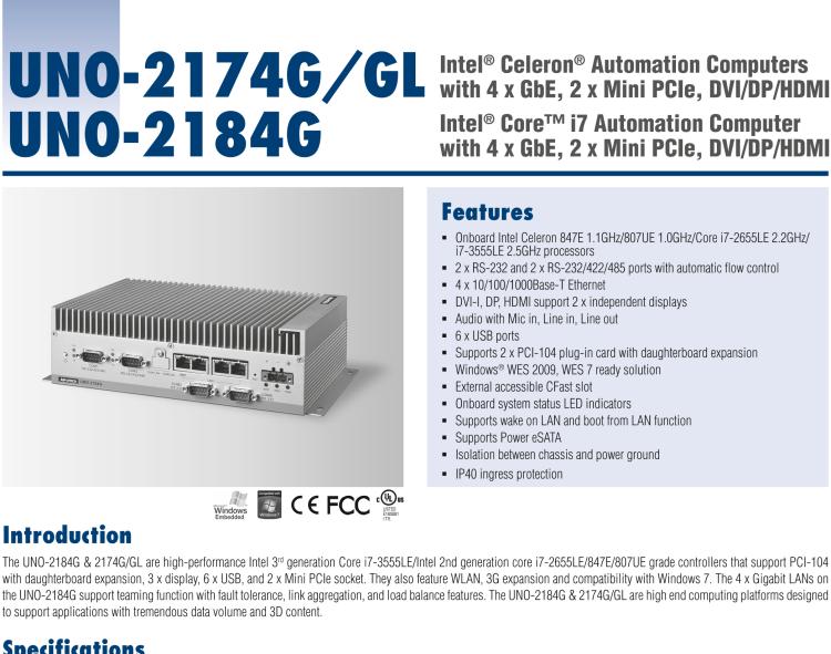 研華UNO-2174G 英特爾??賽揚??嵌入式工控機，帶4個千兆以太網接口，2個小型PCIe、DVI/DP/HDMI高清接口
