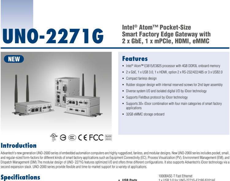 研華UNO-2271G 小型智慧工廠數(shù)據(jù)網(wǎng)關(guān)，搭載Intel? Atom?處理器，2 x GbE, 1 x mPCIe, HDMI, eMMC