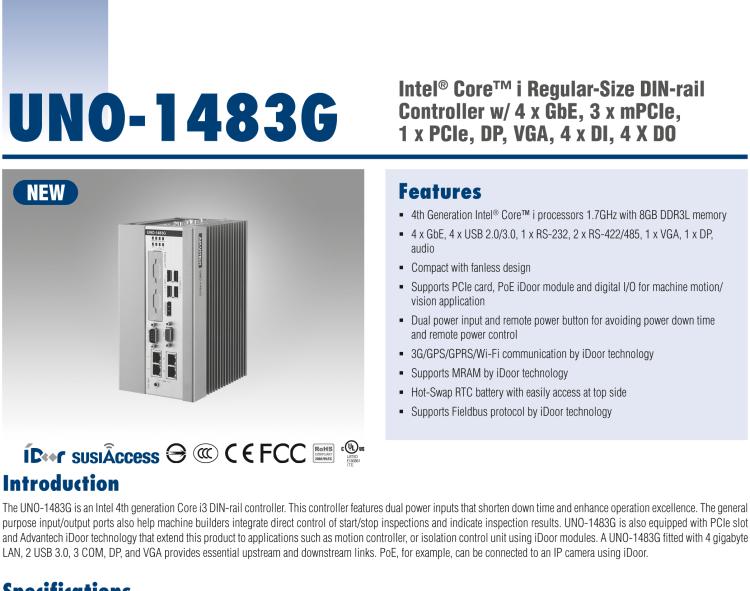 研華UNO-1483G 標(biāo)準(zhǔn)型導(dǎo)軌安裝工業(yè)控制器，搭配英特爾?酷睿? i 處理器，4×千兆網(wǎng)口，3×mPCIe，1×PCIe，DP，VGA，4×DI，4×DO