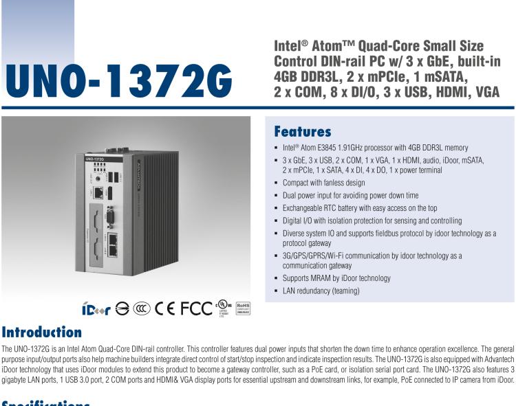 研華UNO-1372G 小型導(dǎo)軌安裝工業(yè)控制器，搭配英特爾?凌動? 四核處理器及4GB DDR3L內(nèi)存，2×mPCIe，1×mSATA，2×COM，8×DI/O，3×USB，1×HDMI，1×VGA