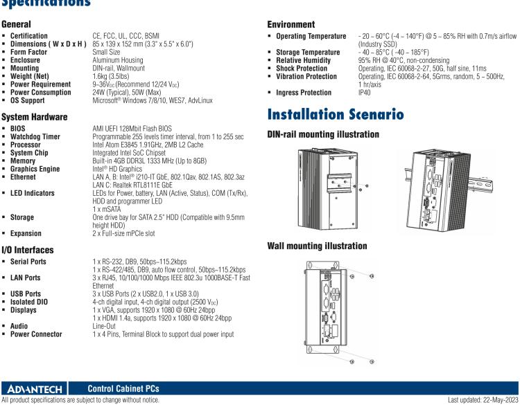 研華UNO-1372G 小型導(dǎo)軌安裝工業(yè)控制器，搭配英特爾?凌動? 四核處理器及4GB DDR3L內(nèi)存，2×mPCIe，1×mSATA，2×COM，8×DI/O，3×USB，1×HDMI，1×VGA