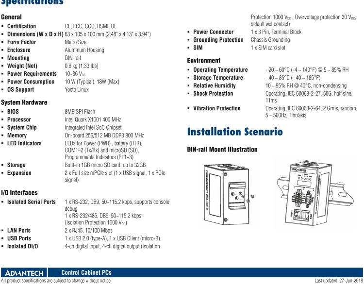 研華UNO-1252G 微型導(dǎo)軌安裝工業(yè)物聯(lián)網(wǎng)網(wǎng)關(guān)，搭配英特爾? Quark? 微控制器，2×LAN，2×mPCIe，2×COM，8×DI/O，2×USB，1×1GB microSD card，1×SIM
