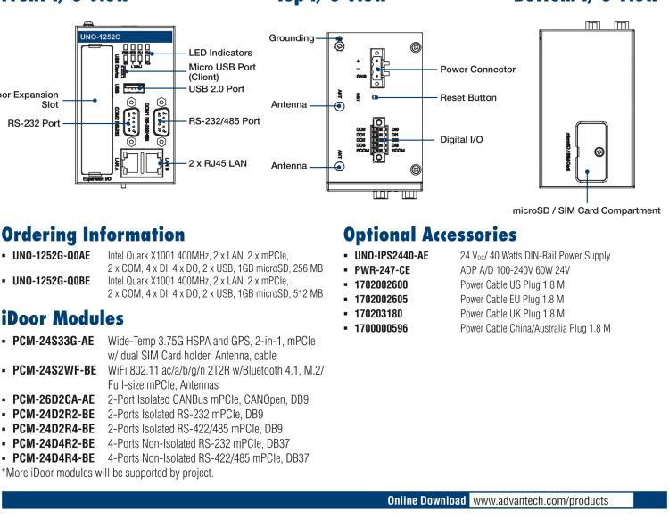 研華UNO-1252G 微型導(dǎo)軌安裝工業(yè)物聯(lián)網(wǎng)網(wǎng)關(guān)，搭配英特爾? Quark? 微控制器，2×LAN，2×mPCIe，2×COM，8×DI/O，2×USB，1×1GB microSD card，1×SIM
