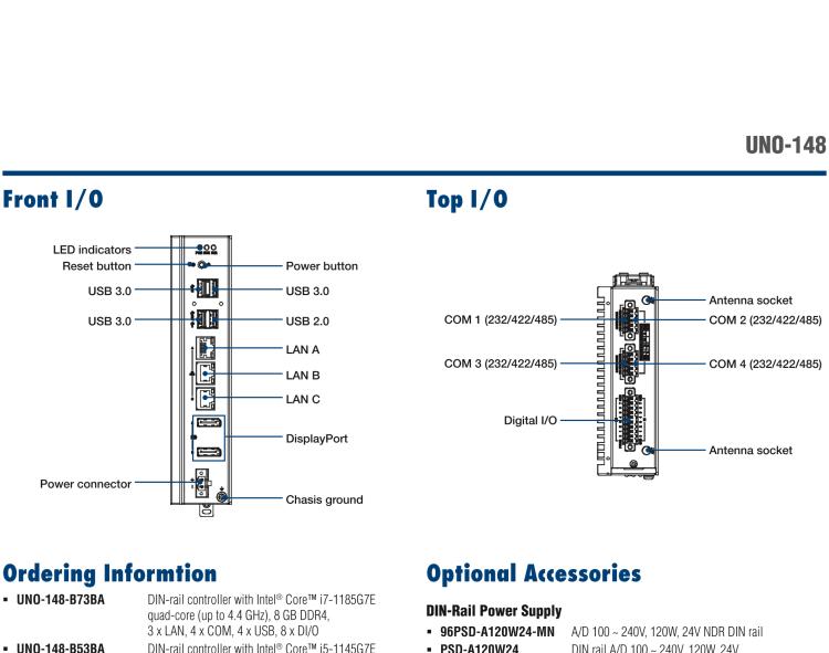 研華UNO-148 常規(guī)無風扇DIN導(dǎo)軌控制器，采用第11代Intel? Core? i處理器
