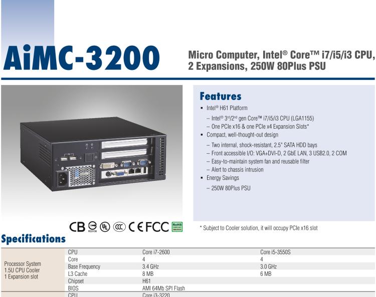 研華AiMC-3200 智能微型工控機(jī)，Intel Core i7/i5/i3 CPU,2 擴(kuò)展槽，250W 80 Plus PSU