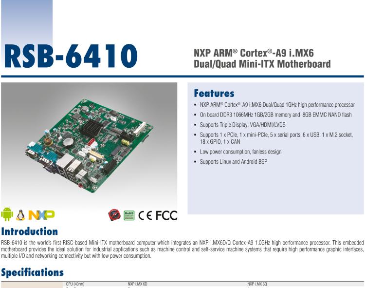 研華RSB-6410 基于NXP ARM Cortex-A9 i.MX6 Dual/Quad 的Mini-ITX工業(yè)主板， 支持Linux Yocto/Android
