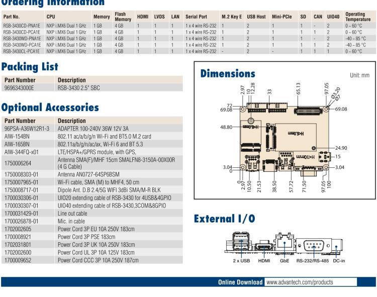 研華RSB-3430 基于NXP Arm Cortex-A9 i.MX6平臺,精簡功能的2.5寸緊湊型單板電腦。搭配UIO20/40可快速擴展各種外設(shè)接口