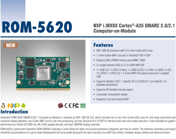 研華ROM-5620 基于NXP i.MX8X SMARC2.0 Arm核心板，多接口，低功耗設(shè)計(jì)