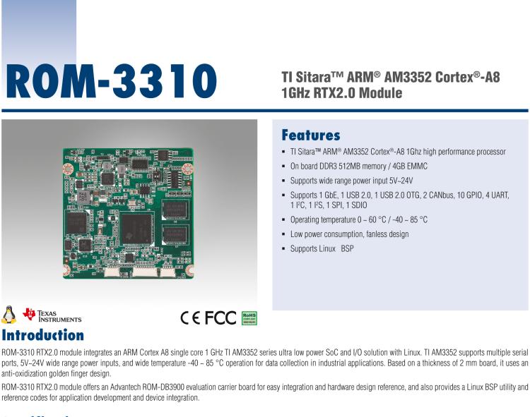 研華ROM-3310 基于TI AM3352 Cortex A8 1GHz RTX 2.0 的標(biāo)準(zhǔn)核心板，適用于寬溫抗震等工業(yè)自動(dòng)化領(lǐng)域