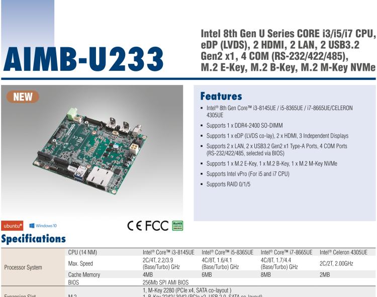 研華AIMB-U233 板載Intel 第8代 U系列 Core i3/i5/i7 處理器。低功耗高性能，無風(fēng)扇設(shè)計(jì)。
