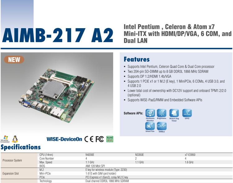 研華AIMB-217 板載Intel? 第6代 奔騰、賽揚、凌動系列處理器。擁有多COM和雙千兆網(wǎng)口，超薄緊湊，無風(fēng)扇設(shè)計，支持寬溫。