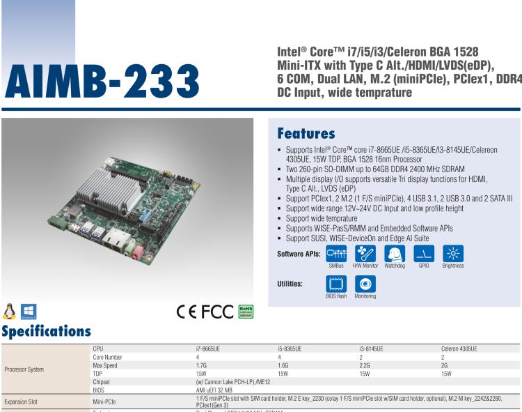 研華AIMB-233 板載Intel? 第8代 Core i 處理器。擁有Type C接口，滿足各類擴(kuò)展需求。低功耗，超薄緊湊，無風(fēng)扇設(shè)計(jì)，支持寬溫寬壓，性能強(qiáng)勁。