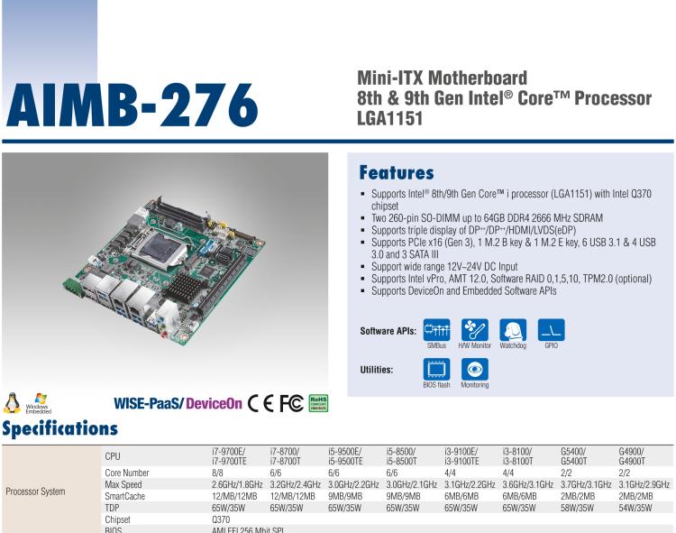 研華AIMB-276 適配Intel 第8/9代 Core?i7/i5/i3 處理器，搭載Q370芯片組。超高性能，是邊緣計算、AI視頻檢測等理想解決方案。