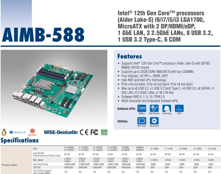 研華AIMB-588 適配Intel 第12代 Core i 系列處理器，搭載Q670E/ R680E/ H610E芯片組。高性能可達服務(wù)器級別高端產(chǎn)品，獨立四顯，專業(yè)的圖像處理能力，是理想的行業(yè)解決方案。