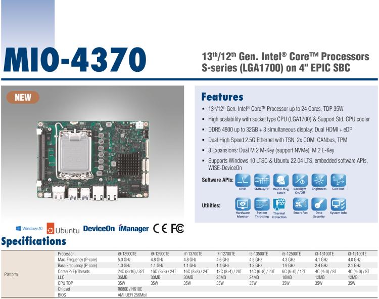 研華MIO-4370 基于第12代Intel Core處理器（Alder Lake-S系列，LGA1700 socket CPU）， 4" EPIC 單板電腦