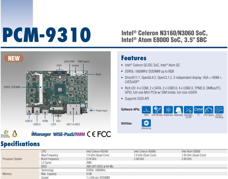 研華PCM-9310 英特爾第五代Atom?賽揚(yáng)N3160 / N3060 SoC，Intel?Atom E8000 SoC，3.5寸單板電腦，DDR3L，VGA，HDMI，48位LVDS，2GbE，Mini PCIe，mSATA，SUSI API