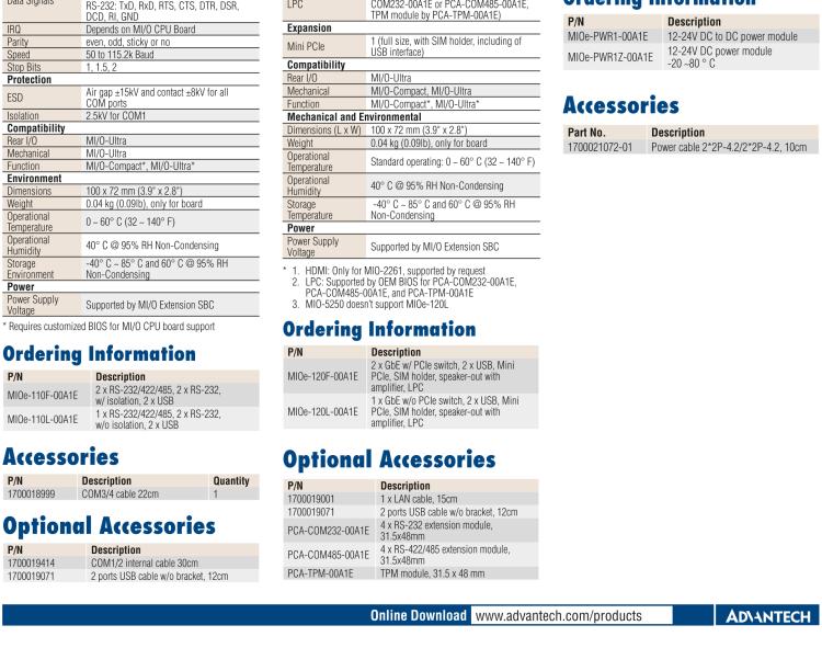 研華MIOE-110 2 x RS-232, 2 x RS-232/422/485 (帶5V/12V電源及隔離), 2USB 2.0，兼容2.5寸MIO單板