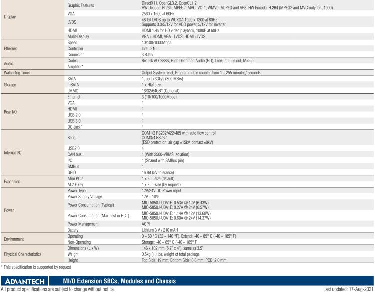 研華MIO-5850 Intel賽揚J1900和Atom?E3825 / E3845,3.5“MI / O-Compact SBC，板載DDR3L，3GbE，iManager 3.0,16位GPIO，CANBUS，板載eMMC，12V / 24V電源輸入