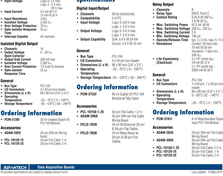 研華PCM-3730I PCI-104，2通,32通道隔離數(shù)字輸入/輸出卡