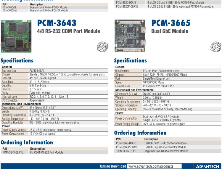 研華PCM-3620 4路USB 2.0 PC/104+模塊
