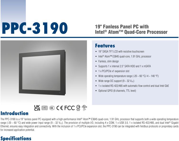 研華PPC-3190-RE4BE 19" 無風扇工業(yè)平板電腦, 搭載 Intel? Atom? E3845 四核心處理器