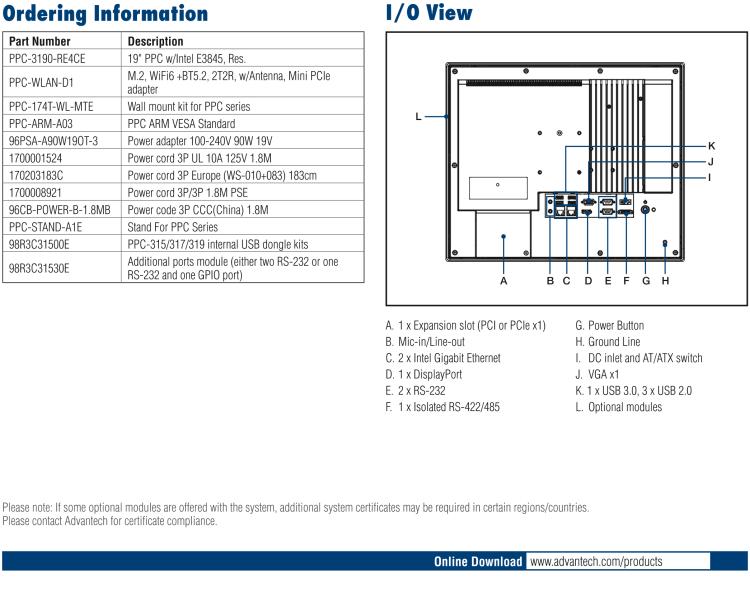 研華PPC-3190-RE4BE 19" 無風扇工業(yè)平板電腦, 搭載 Intel? Atom? E3845 四核心處理器
