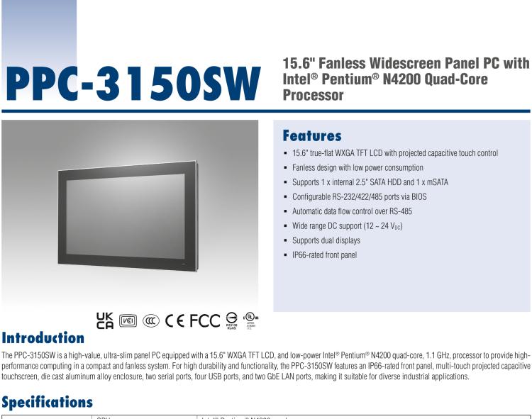 研華PPC-3150SW 15.6" 寬屏無風(fēng)扇工業(yè)平板電腦，搭載 Intel? Pentium? N4200 四核心處理器