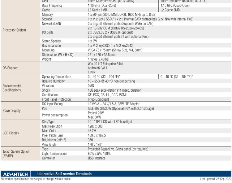 研華UTC-310G 10.1" 多功能觸控一體機，Intel? Celeron? N3350/Pentium? N4200 處理器