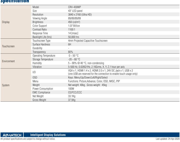研華CRV-430WP 研華CRV-430WP曲面顯示屏，43“寬屏，并配備工業(yè)級(jí)視頻卡和電源，可支持標(biāo)準(zhǔn)視頻輸出，如HDMI、DisplayPort和VGA，并支持10點(diǎn)觸控。