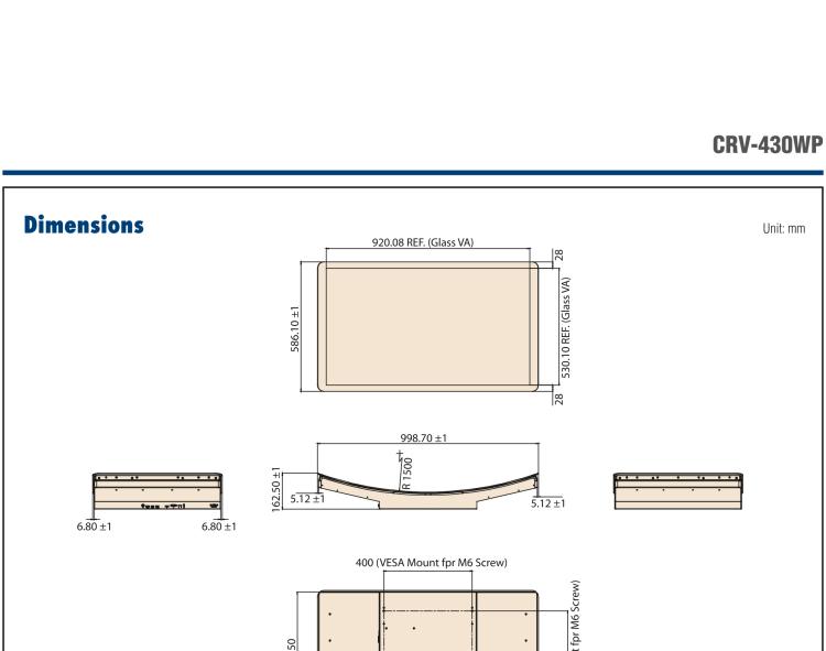 研華CRV-430WP 研華CRV-430WP曲面顯示屏，43“寬屏，并配備工業(yè)級(jí)視頻卡和電源，可支持標(biāo)準(zhǔn)視頻輸出，如HDMI、DisplayPort和VGA，并支持10點(diǎn)觸控。