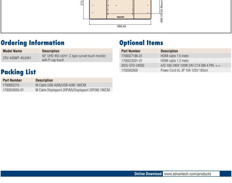 研華CRV-430WP 研華CRV-430WP曲面顯示屏，43“寬屏，并配備工業(yè)級(jí)視頻卡和電源，可支持標(biāo)準(zhǔn)視頻輸出，如HDMI、DisplayPort和VGA，并支持10點(diǎn)觸控。
