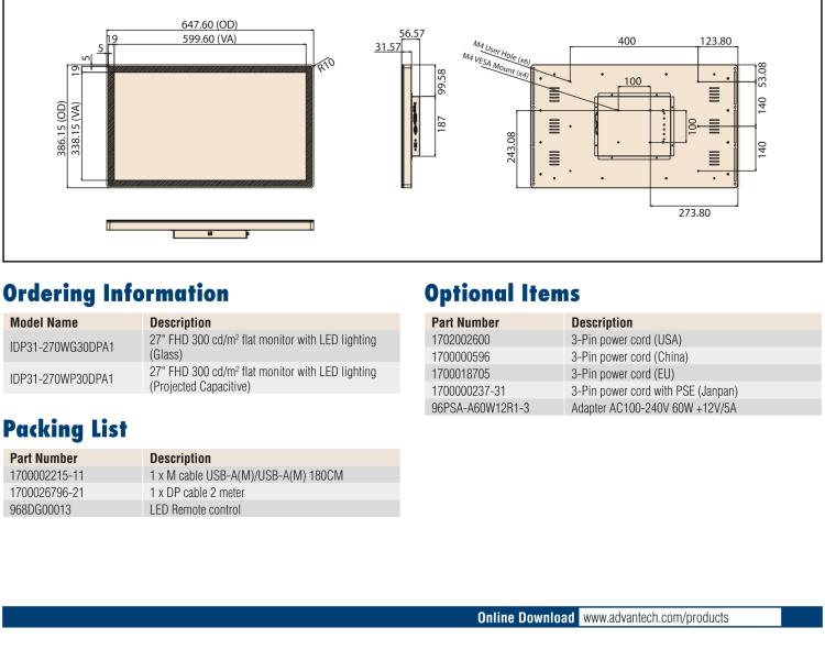 研華IDP31-270W 27" 玻璃面板觸控顯示器，帶環(huán)繞式LED燈帶，全高清分辨率，多輸入源VGA/DVI/DP