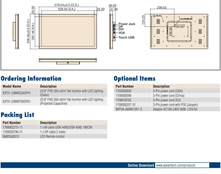 研華IDP31-238W 23.8 " 玻璃面板觸控顯示器，帶環(huán)繞式LED燈帶，全高清分辨率和多個(gè)輸入源VGA/DVI/DP