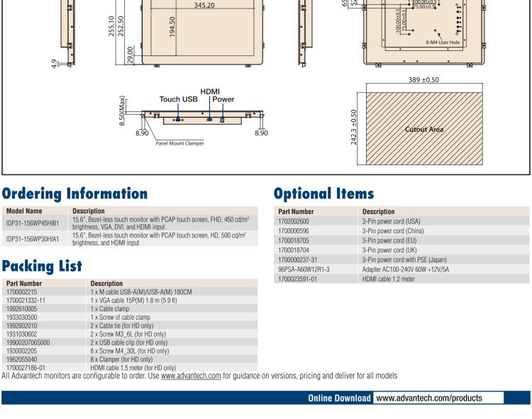研華IDP31-156W 15.6英寸100％工業(yè)級純平觸摸顯示器。超薄外形，圓滑的光角和堅固的玻璃面板，完全具有現(xiàn)代感。