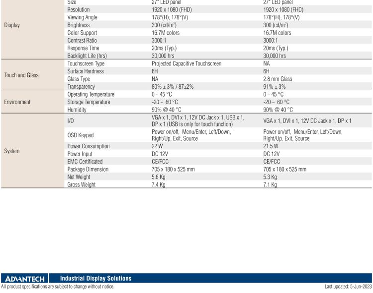研華IDS-3127W 27 " 全高清1920 x 1080 分辨率，VGA/DVI/DP接口，開放式框架觸摸顯示器