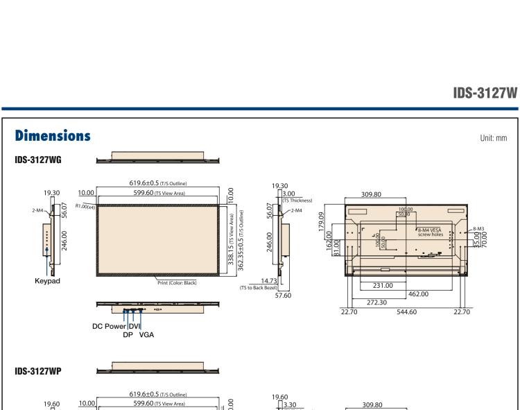 研華IDS-3127W 27 " 全高清1920 x 1080 分辨率，VGA/DVI/DP接口，開放式框架觸摸顯示器