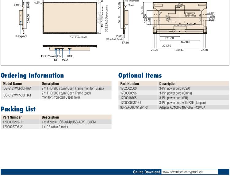 研華IDS-3127W 27 " 全高清1920 x 1080 分辨率，VGA/DVI/DP接口，開放式框架觸摸顯示器