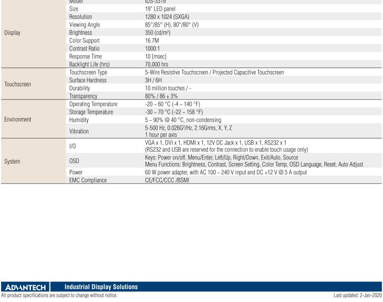 研華IDS-3319 19英寸，1280 x 1024，VGA/DVI/HDMI接口，前置IP65顯示器