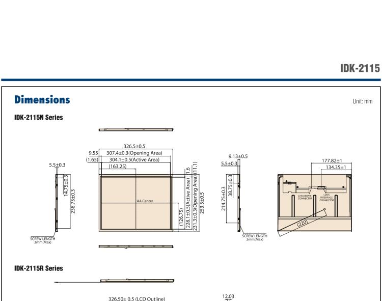 研華IDK-2115 15" SVGA 1200cd/m2 超高亮度工業(yè)顯示套件，帶 LED 背光燈、LVDS 接口
