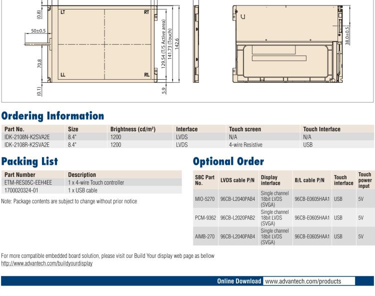 研華IDK-2108 8.4” SVGA 1200cd/m2 超高亮度工業(yè)顯示套件，帶 LED 背光燈、LVDS 接口