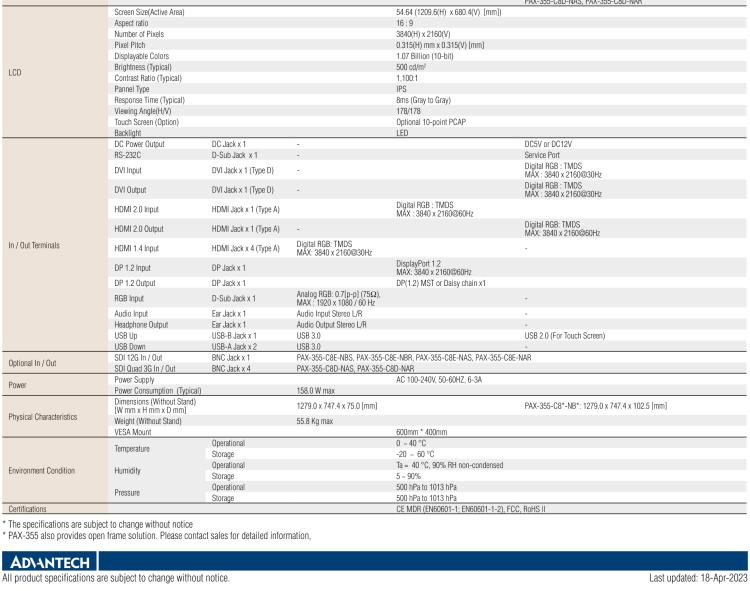 研華PAX-355 55"超高清顯示器，可同時將光學、放射學成像轉(zhuǎn)化為多視圖，用于手術(shù)室成像應用，如內(nèi)窺鏡、腹腔鏡和其他成像設備。通過多個I/O和支持14位LUT，DICOM和伽馬校準確保了精確圖像呈現(xiàn)。
