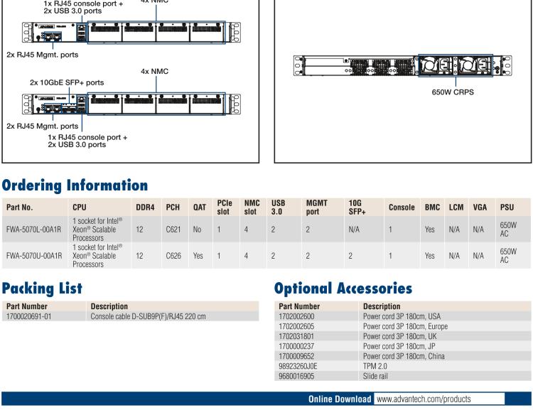 研華FWA-5070 基于Intel?Xeon?處理器可擴展系列1U機架式網(wǎng)絡(luò)應用平臺，最高支持4個NMC插槽