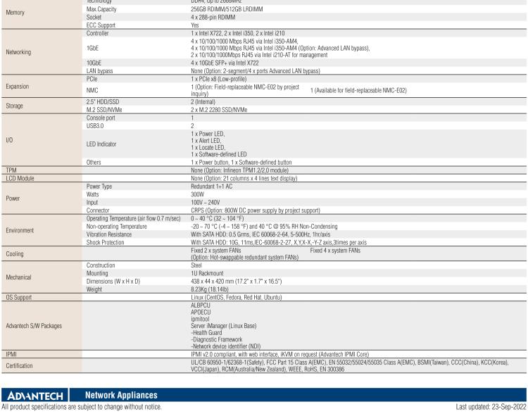 研華FWA-3050 基于Intel?Xeon D-2100系列處理器，用于uCPE和下一代防火墻的遠程可管理1U網(wǎng)絡(luò)應用平臺