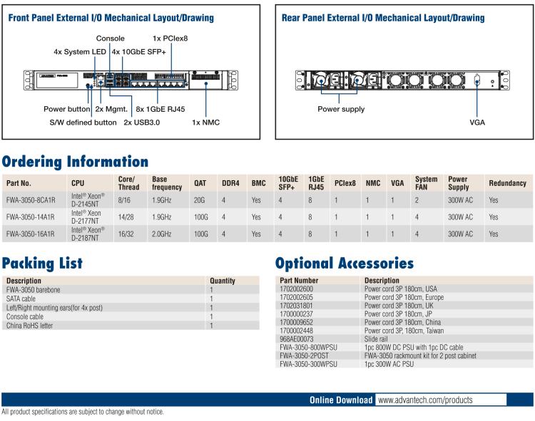 研華FWA-3050 基于Intel?Xeon D-2100系列處理器，用于uCPE和下一代防火墻的遠程可管理1U網(wǎng)絡(luò)應用平臺