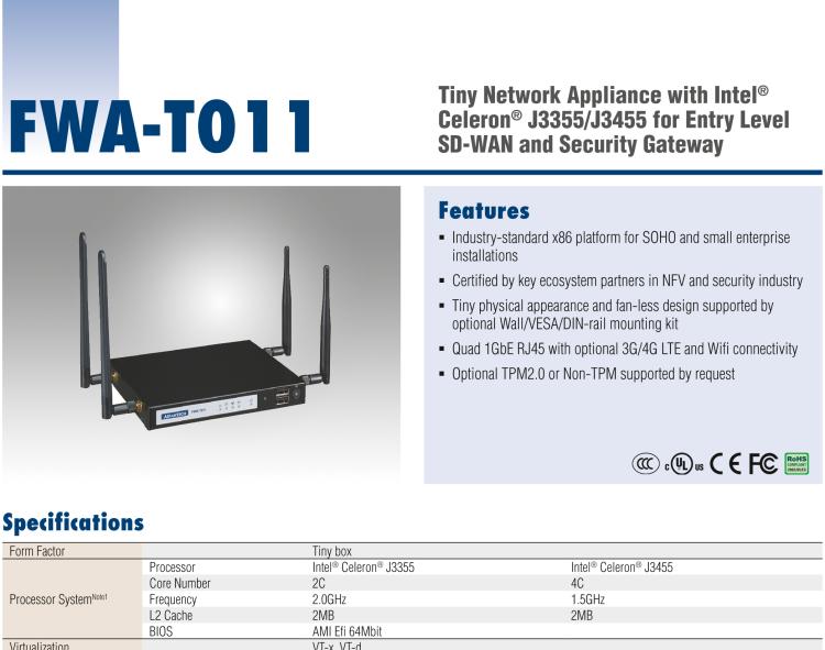 研華FWA-T011 基于Intel? Celeron? N3350/J3455 入門級(jí)SD-WAN，安全網(wǎng)關(guān)微型網(wǎng)絡(luò)應(yīng)用平臺(tái)