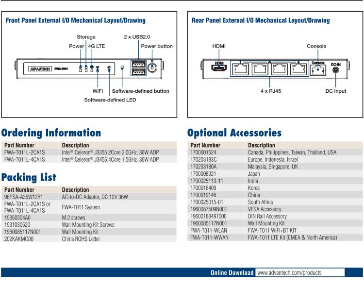 研華FWA-T011 基于Intel? Celeron? N3350/J3455 入門級(jí)SD-WAN，安全網(wǎng)關(guān)微型網(wǎng)絡(luò)應(yīng)用平臺(tái)