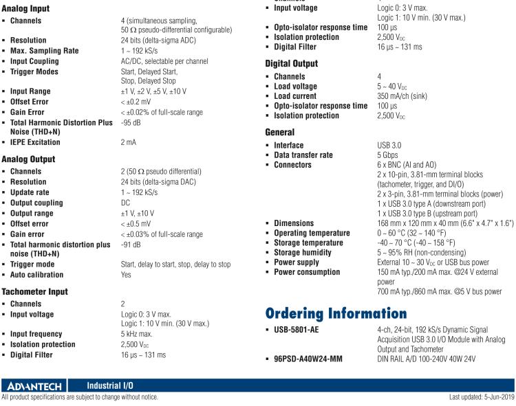 研華USB-5801 4路，24位，192 kS / s的動(dòng)態(tài)信號(hào)采集USB 3.0 I / O模塊使用模擬輸出和轉(zhuǎn)速計(jì)